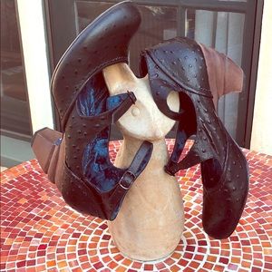 Irregular Choice black carved wooden heel pumps